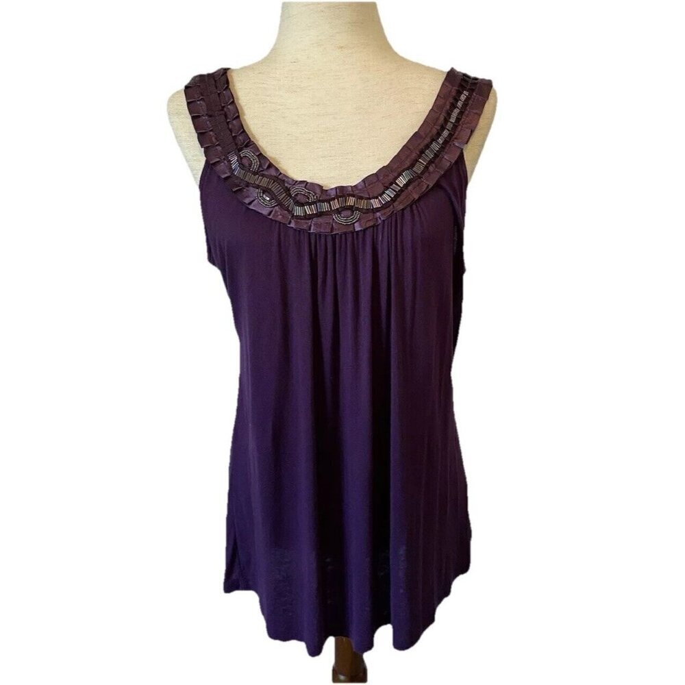 Bobeau Purple Beaded Tank Top Sparkle Stretch Sz L Holiday Party USA Made Flowy